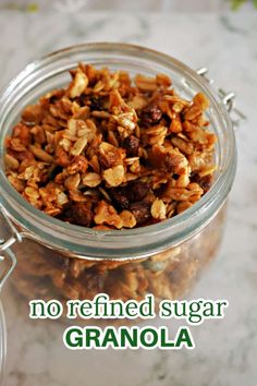 granola in a glass jar with the words no refried sugar on top and below it