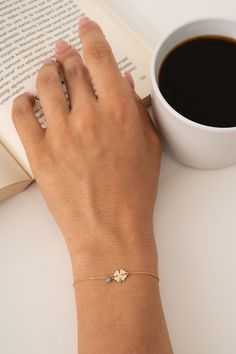 14k Real Gold Four Leaf Clover Bracelet with Turquoise Bead is chic, elegance, cute, meaningful and minimalist. The Shamrock symbolize luck.  This dainty gold clover bracelet is stunning alone . Also you can combine this Good Luck  Bracelet with your other bracelets. That is meaningful everyday bracelet.  Gold Clover Bracelet is a prefect gift for wife, valentine, best friend, bridesmaid, mother, daughter, sister.  D E T A İ L S * Material: 14k Solid Gold (Real Solid Gold, No Gold Plated or No G Turquoise Birthstone Bracelet, Turquoise Fine Jewelry Bracelets For Gift, Dainty Turquoise Gemstone Bracelets, Dainty Turquoise Bracelet, Gold Flower Bracelet, Bracelet Clover, Four Leaf Clover Bracelet, Fishing Bracelet, Clover Jewelry