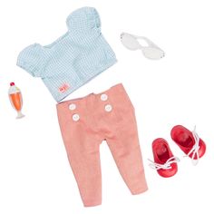 a doll's clothes and accessories are laid out on a white surface, including red shoes