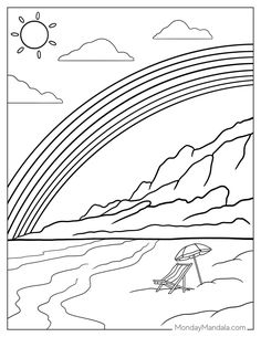 a coloring page with a beach chair under a rainbow