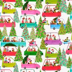 a colorful christmas pattern with cars and trees