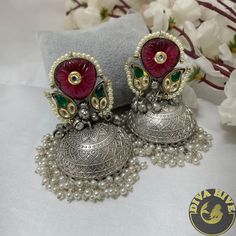 Delicate Mughlai Jhumka | Diva Exclusive Jhumka | Silver Jhumka - Earring -925Silver Elegant Chandbali Jhumkas For Navratri, Fusion Style Chandbalis With Latkans For Celebration, Festive Fusion Kundan Jhumkas, Festive Chandbali Jhumkas In Elegant Style, Festive Chandbali Jhumkas, Elegant Peacock Design Jhumkas For Navratri, Festive Elegant Chandbali Jhumkas, Elegant Chandbali Jhumkas With Tilla Details, Fusion Style Festive Chandbalis With Cutdana Detail