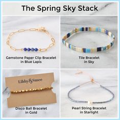 Add a touch of whimsy to your wrist with The Spring Sky Stack - a set of sky blue, navy blue, and lapis bracelets accented with hints of gold, ivory, and a pearl. Whether you wear them together or alone, you'll totally love the huge savings you get when you buy a stack! Get 25% off when you buy the whole stack The Spring Sky Stack includes a Libby & Smee 7" Tile Bracelet in 'Sky', an adjustable Gemstone Paper Clip Chain Bracelet in 'Blue Lapis', an adjustable Pearl String Bracelet in 'Starlight' Blue Stackable Beaded Bracelets As Gift, Blue Stackable Friendship Bracelets For Everyday, Dainty Blue Adjustable Beaded Bracelets, Dainty Adjustable Blue Beaded Bracelets, Trendy Blue Stackable Friendship Bracelets, Dainty Blue Friendship Bracelets For Everyday, Blue Stackable Bracelets As Gift, Blue Stackable Bracelets For Gift, Blue Dainty Beaded Bracelets For Friendship