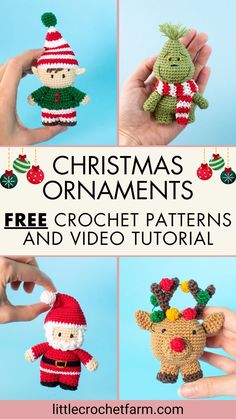 crocheted christmas ornaments with text overlay that reads, free crochet pattern and video