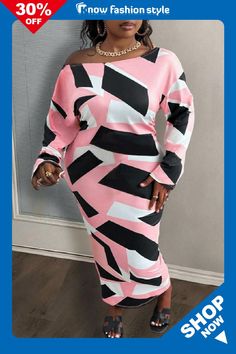 Pink Casual Geometry Print Oblique Collar Long Sleeve Plus Size Vacation Bodycon Maxi Dress Casual Long Sleeve Pink Bodycon Dress, Trendy Long Sleeve Pink Midi Dress, Trendy Pink Long Sleeve Midi Dress, Trendy Pink Bodycon Dress For Fall, Plus Size Vacation, 2023 Pink, Bodycon Maxi Dress, Bodycon Maxi Dresses, Maxi Dress Online