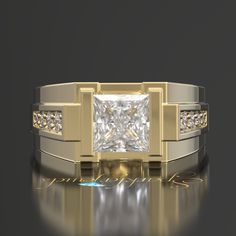 a gold ring with a princess cut diamond in the center and two rows of diamonds on each side