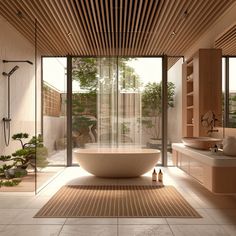 a bathroom with a large bathtub next to a walk in shower