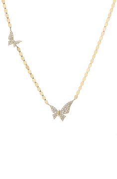 A pair of diamond-encrusted butterflies punctuates a light-catching linked necklace rendered in 14-karat gold. 18" length, 1/2" drop (size 18) Total diamond weight: 0.43ct. Color: G–H Clarity: SI1 14k gold/diamond Imported >Diamond Guide Double Butterfly, Butterfly Necklace Gold, Double Layer Necklace, Lana Jewelry, Double Strand Necklace, Butterfly Pendant Necklace, Diamond Guide, Onyx Necklace, Chain Choker Necklace