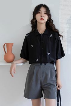 Butterfly Embroidered Button Up Shirt – Tomscloth Casual Embroidered Collared Tops, Black Button-up Shirt With Floral Embroidery, Casual Embroidered Collared Shirt, Black Floral Embroidery Button-up Shirt, Black Embroidered Collared Shirt, Embroidered Black Collared Shirt, Black Collared Shirt With Floral Embroidery, Black Embroidered Top With Collar, Casual Collared Blouse With Floral Embroidery