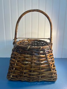 a wicker basket sitting on top of a blue table