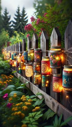 mason jars are lined up on a fence with string lights strung from them and flowers in the background