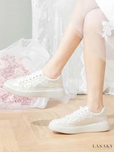 Lasaky - Elegant Ivory Lace-Up Bridal Shoes with Delicate Flower Embellishments for Wedding Wedding Shoes Sneakers, Embroidered Bows, Kitten Heel Wedding Shoes, Ivory Bridal Shoes, Bridal Pumps, Wedding Sneakers, Bridal Flats, Elegant Flats, Wedding Shoes Lace