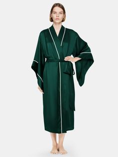 Elegant and expressive, the luxury silk kimono robe is made of 100% mulberry silk. Allowing for all-day luxury lounging, this silk kimono-style robe has all our chic, luxe touches. Luxury Purple Silk Kimono, Silk Robe Long, Silk Robes, Kimono Robes, Silk Kimono Robe, Silk Robe, Dark Olive Green, Luxury Silk, Kimono Style