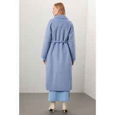 Blue heavy needle knit (50% Wool, 50% Polyester). Coat. Long sleeves. Collar. Tie closure. 53.5" from shoulder to hemline. Imported. Oversized Blue Solid Outerwear, Oversized Blue Solid Color Outerwear, Oversized Blue Outerwear With Solid Color, Oversized Long Blue Outerwear, Blue Oversized Sweater Coat, Blue Winter Outerwear For Daywear, Rent The Runway, Oversized Coat, Closet Designs