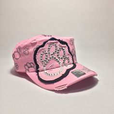 100% Cotton velcro back cap with rhinestones. Round curved visor vintage cap. One size fits most. Trendy Snapback Baseball Cap With Rhinestones, Trendy Rhinestone Snapback Baseball Cap, Casual Cap With Rhinestones, Casual Rhinestone Cap, Adjustable Pink Visor, Casual Adjustable Baseball Cap With Rhinestones, Pink Adjustable Visor, Casual Snapback Baseball Cap With Rhinestones, Trendy Pink Snapback Hat With Visor