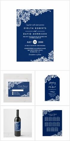 wedding stationery with blue and white damasks, wine bottle, and address cards