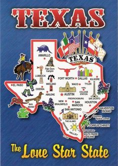 texas the love star state map with flags and other things to see on it's back