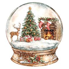 a snow globe with a christmas tree and presents in front of a fire place on a snowy day