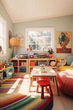 a child's playroom with colorful furniture and toys