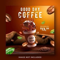 an advertisement for coffee is displayed on a table