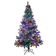 a brightly colored christmas tree with lights on it's top and bottom branches, in front of a white background