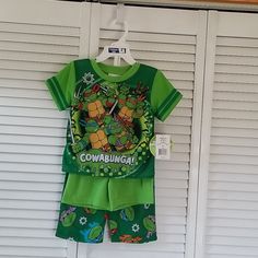 Nwt Teenage Mutant Ninja Turtles 3 Pc Pajama Set, Top, Shorts, And Long Pants Green Cotton Sets With Character Print, Casual Sleep Sets With Character Print, Casual Character Print Sleep Sets, Casual Sleepwear Sets With Character Print, Casual Bedtime Sets With Character Print, Casual Playtime Sets With Character Print, Green Cotton Sleepover Sets, Playful Green Sets With Character Print, Green Short Sleeve Sets For Sleepover