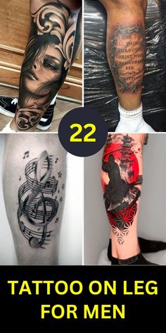 some tattoos that are all different colors and designs on their legs, with the words tattoo leg