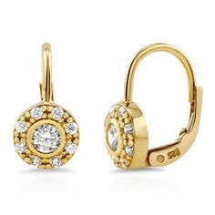 Imbued with the lavish sparkles, this pair of small halo leverback earrings has details designed to impress. Crafted with sterling silver, yellow gold flashed, stamped 925, nickel free. Main stones feature premium quality 0.5 carat total (0.25 carat per stone, 4mm) round cubic zirconia in bezel setting. Accented with 0.24 ct. tw. round CZ in prong setting. Earrings measure 0.6" in length, 0.3" in width. Leverbacks. Wedding Earrings Studs, Diamond Earrings For Women, Cubic Zirconia Earrings, Art Deco Earrings, Leverback Earrings, Cz Earrings, Antique Earrings, Jewelry For Her, Gold Plated Earrings