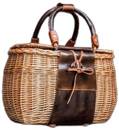 Handmade Leather Straw Basket Bag, Rectangular Natural Bag For Outdoor, Rectangular Natural Color Bags For Outdoor, Handmade Leather Basket Straw Bag, Leather Straw Bag With Handles, Brown Basket Shaped Straw Bag With Top Carry Handle, Natural Rectangular Outdoor Bag, Leather Satchel Straw Bag With Top Carry Handle, Brown Tote Shoulder Bag For Picnic