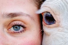 a close up of a person with blue eyes next to a white sheep's face