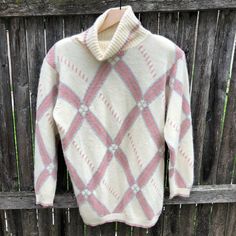 Retro Turtleneck Sweater For Spring, Spring Retro Turtleneck Sweater, Vintage Turtleneck Winter Tops, Vintage Turtleneck Tops For Winter, Vintage Fitted Turtleneck Sweater, Pink Argyle, Chenille Patches, 80s Sweater, Argyle Pattern