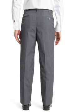 A clean flat-front cut styles sharp trousers fashioned from cotton-kissed poplin and fitted with a self-sizer waistband to ensure a custom fit. 37" inseam; 18" leg opening; 10 1/2" front rise 65% polyester, 35% cotton Machine wash, tumble dry Imported Fitted Cotton Bottoms With Straight Hem, Formal Full-length Chinos For Spring, Tailored Full Length Chinos For Workwear, Fitted Dress Pants With Hip Pockets For Spring, Classic Bottoms With Welt Pockets And Straight Hem, Spring Business Casual Pants With Standard Cut Leg, Fitted Cotton Chinos For Semi-formal Occasions, Fitted Cotton Dress Pants With Hip Pockets, Classic Slim Fit Bottoms With Standard Cut Leg