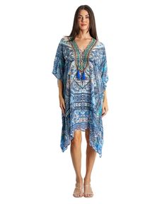 in stock Flowy Blue V-neck Dress For Vacation, Blue V-neck Kaftan For Beach Season, Blue V-neck Short Sleeve Dress For Summer, Blue Short Sleeve V-neck Dress For Summer, Blue V-neck Dress With Split Neck For Spring, Blue Split Neck Summer Dress, Blue V-neck Kaftan For Beach Cover-up, Bohemian Blue V-neck Dress For Vacation, Blue Bohemian V-neck Dress