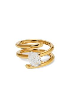 The coiling band of this modern wrap ring is lit up with a single pear-cut cubic zirconia. 3/8" length,1/4" width (stone) (size 8) 18k-gold plate/cubic zirconia Imported Gold Cubic Zirconia Open Ring Birthstone, Open Wrap Diamond Ring, Gold Plated Initial Open Ring, Gold Wrap Ring Diamond, Gold Ruby Ring In Open Shape With Sterling Silver, Gold Wrap Ring, Wrap Ring, Fabric Gift Bags, Wrap Rings