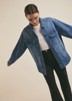 A shacket for all seasons. Cut from comfort-stretch denim, the Dad Shacket in Inez has been washed down to a classic blue with grit and texture creating highs and lows at the seams for a vintage look. It already feels broken in but will get even better with each wear.99% Cotton, 1% ElastaneBambi is 5'8" wearing size XS. Button-up Denim Jacket For Casual Gatherings In Fall, Everyday Medium Wash Shacket For Fall, Everyday Medium Wash Fall Shacket, Relaxed Fit Denim Button-up Outerwear, Denim Long Sleeve Outerwear For Casual Gatherings, Casual Long Sleeve Denim Outerwear, Everyday Denim Shacket For Fall, Classic Washed Blue Button-up Outerwear, Relaxed Fit Washed Blue Denim Jacket For Fall