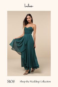 a woman in a strapless green dress with the words shop the wedding collection on it