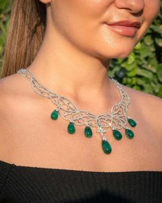 For Sale on 1stDibs - A stunning, one of a kind, natural 81.90 carat Zambian Emerald and Diamond Necklace, flexible so it sits well on all types of necks. The Emeralds are of Emerald And Diamond Necklace, Zambian Emerald, Drop Necklace, Diamond Necklace, Statement Necklace, Emerald, Gold Necklace, Gold