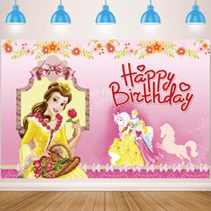 an image of a happy birthday scene with princesses and unicorns on the wall