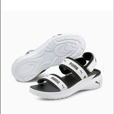 Details Puma Sportie Women's Sandal Size 9 - Color White/Black Lightweight Practicality Meets A Fresh, Feminine Feel In These Athletic, Streetwise Sandals. A Slight Platform Sole In Featherlight Cmeva Gives A Stylish, Chunky Look. Textile Strap Upper With Elasticated Gore Comfort Footbed Slightly Elevated Eva Midsole Cmeva Outsole Hook-And-Loop Closure Repeated Puma Wordmark And Cat Logo On Straps Puma Flip Flops, Puma Sandals, Puma X Fenty, Cream Sandals, Pink Pumas, Tie Up Sandals, Floral Sandals, Puma Suede, Cat Logo