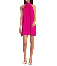 Belle Badgley Mischka Elise Georgette Turtleneck Sleeveless Back Tie Waistless Trapeze Mini Dress | Dillard's Bagdley Mishcka Dress, Summer A-line Crepe Dress, Sleeveless Tie Back Halter Dress For Cocktail, Sleeveless Chiffon Halter Dress For Evening, High Neck Sleeveless Dress For Spring Formal, Sleeveless Crepe Evening Dress, Formal High Neck Sleeveless Dress For Spring, Formal Sleeveless Crepe Dress, Elegant Flowy Pink Sleeveless Dress