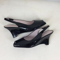 New Without Box Black Patent Leather Slingback Wedge Heels Square Toe Peep Toe Retro/Mod Gorgeous Approx 3 1/4 Heel Height Shipping Prompt, Shiny Shoes, Leopard Shoes, Daily Pictures, Black Wedge Sandals, Shoes Heels Wedges, Favorites List, Slingback Heel, Pretty Shoes