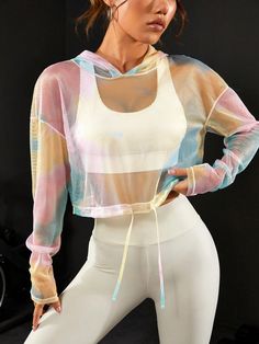 Ombre Drawstring Hem Drop Shoulder Crop Sports Hoodie Without Bra Cropped Hoodie Fall Sweatshirts Multicolor   Long Sleeve Fabric Ombre  Slight Stretch  Women Activewear, size features are:Bust: ,Length: ,Sleeve Length: Sporty Hooded Tops For Spring, Spring Sportswear Top With Drawstring Hood, White Hooded Sweatshirt For Summer, White Hooded Gym Top, White Hooded Top For Gym, Long Sleeve Drawstring Sweatshirt For Sports, Spring Multicolor Tops With Drawstring, Sporty Tops With Drawstring Hood For Spring, Hooded Sweatshirt For Gym In Spring