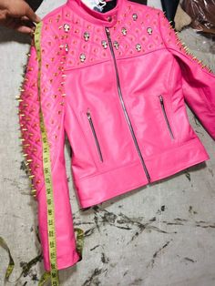 Crafted Leather Women Pink Quilted Gold Studded Skeletons Genuine Leather Jacket on Storenvy