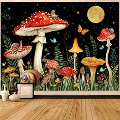 a room with mushrooms and butterflies in the night sky wall mural art print on it