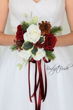 a bridal bouquet with red and white flowers