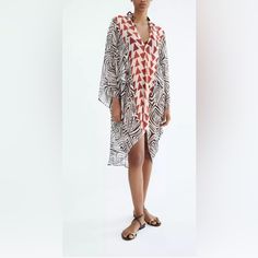 Nwt Zara Printed Asymmetric Kaftan Black / White - Chic White Kimono For Beach Cover-up, Chic White Kimono For Day Out, Chic White Dresses With Kimono Sleeves, Asymmetrical Dress For Beach Season Vacation, Chic Kaftan For Beach Season Day Out, Asymmetrical White Beach Dress, White Beachwear Kaftan For A Day Out, Chic White Flowy Kaftan, Chic Long Sleeve Kaftan For Summer