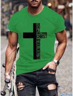 OrcaJump - Mens Round Neck Short Sleeve Cross Christ Print T-Shirt - Spring/Summer 2022 US/Europe Amazon Exclusive Summer Outdoor Tops With Letter Print, Summer Outdoor Top With Letter Print, Summer Tops With Letter Print For Outdoor, Summer Outdoor T-shirt With Front Print, Letter Print T-shirt For Outdoor In Spring, Letter Print T-shirt For Outdoor Spring Activities, Summer Europe, Mens Sleeve, Europe Summer