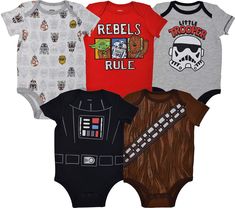 PRICES MAY VARY. Star Wars 5 pack baby creepers featuring cosplay Darth Vader and Chewbacca Heather grey "Little Trooper," red "Rebels Rule" with Yoda, and an all-over print of R2-D2, 3-CPO and BB-8 Lap shoulders and 3 snap closure for easy dressing and quick diaper changes Perfect for dress-up, Halloween costume, baby shower gift or every day wear Machine wash cold; officially licensed R2 D2, Storm Trooper, Star Wars Baby, Fantasias Halloween, Star Wars Darth, Star Wars Darth Vader, Chewbacca, The Resistance, Short Sleeve Bodysuit