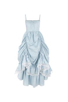 This high waist cotton dress—fit for leisurely strolling the castle grounds and graciously entertaining guests in the royal tea garden—features voluminous layers of cotton skirt that you can raise for a bustling effect or leave loose and flowing. Ivory velvet bows on the skirt and matching lace at the hem create contrast, while a square neckline and slim straps highlight the collarbone. An adjustable tie at the bust adds one final touch of femininity. Go full princess and style this with the Ell Blue Selkie Dress, Mermaidcore Dress, Theater Dress, Voluminous Layers, Selkie Dress, Theatre Dress, Castle Grounds, Blue Clothes, Silk Dressing Gown