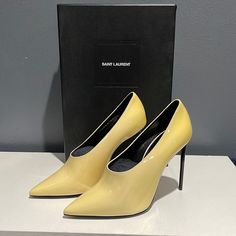 Brand New With Box Saint Laurent Heels Size 37.5 Yellow Closed Toe Formal Court Shoes, Yellow Closed Toe Court Shoes For Formal Occasions, Yellow Pointed Toe Court Shoes For Formal Occasions, Elegant Yellow Pointed Toe Court Shoes, Yellow Pointed Toe Court Shoes For Party, High Heel Yellow Court Shoes For Party, Chic Yellow High Heel Court Shoes, Yellow Pointed Toe Party Court Shoes, Yellow High Heel Court Shoes For Party